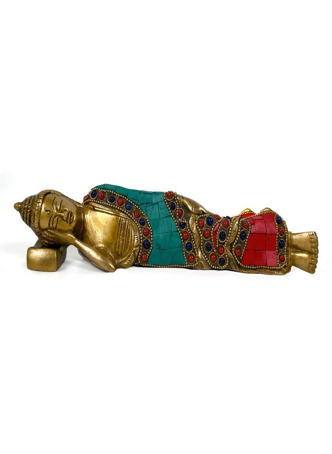 CRAFTHUT Brass Sleeping Buddha Idol - Red & Green Collectible Figurine for Home & Office Decor (10.6 x 1.75 x 1.9 in) 1kg - Image 1